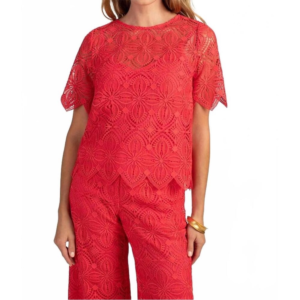 Trina Turk Khalida Lace Short Sleeve Top Size M In Moroccan Sunset